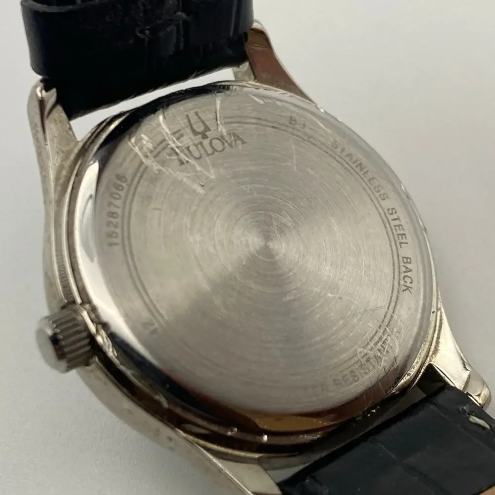 Elegant Bulova Silver Tone Watch with Black Leather Band Working New Battery - Picture 5 of 9